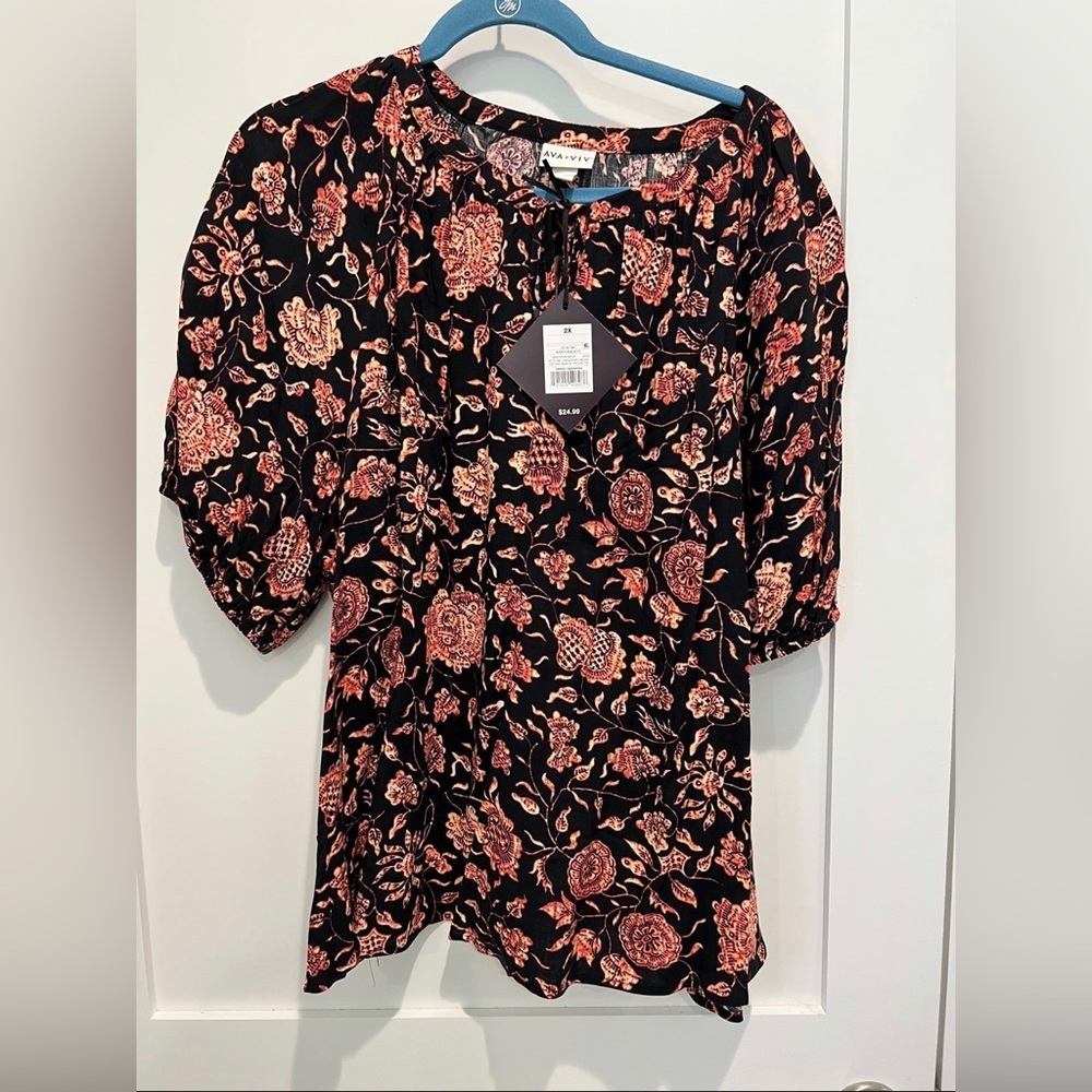 Orange floral dolman sleeve peasant top with tie neck flowy autumn casual
